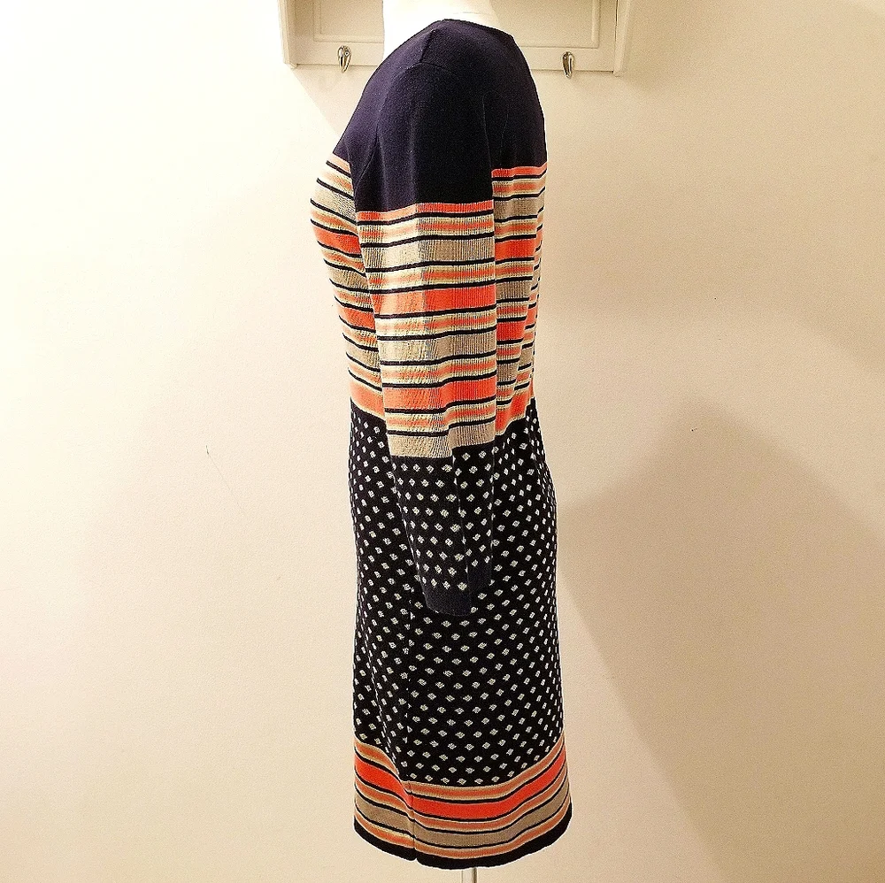 THML Navy Dot Coral & Tan Stripe ¾ Sleeve Crewneck Dress Sz M
